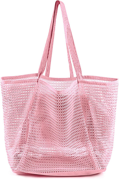 Summer Travel Mesh Tote Bag with Large Inner Pocket. Sandproof Woven Shoulder Handbag Swim Pool Bag.