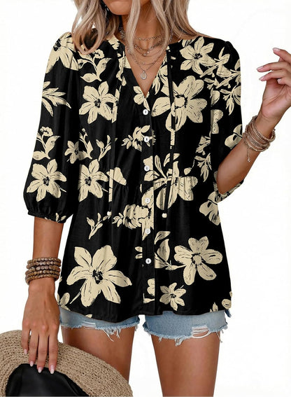 Button Down Shirts. V Neck. Tie Front. 3/4 Sleeve. Business Casual Tops. Loose Fit. Babydoll Peplum Blouses. Fashion Clothing