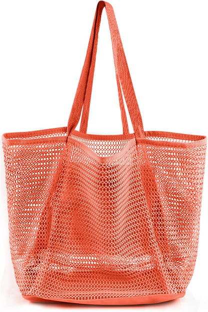 Summer Travel Mesh Tote Bag with Large Inner Pocket. Sandproof Woven Shoulder Handbag Swim Pool Bag.