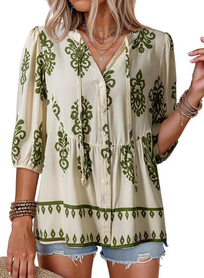 Button Down Shirts. V Neck. Tie Front. 3/4 Sleeve. Business Casual Tops. Loose Fit. Babydoll Peplum Blouses. Fashion Clothing