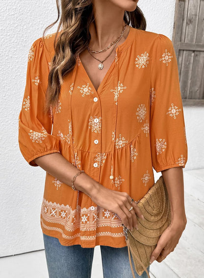 Button Down Shirts. V Neck. Tie Front. 3/4 Sleeve. Business Casual Tops. Loose Fit. Babydoll Peplum Blouses. Fashion Clothing