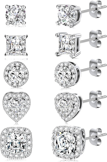 5 Pairs 14K Gold Plated Studs Earrings for Women. CZ Multiple Piercing Set | Hypoallergenic CZ Stud Earrings Set. 3-7mm Cubic Zirconia. Lightweight Comfortable Studs. Non Tarnish Jewelry.