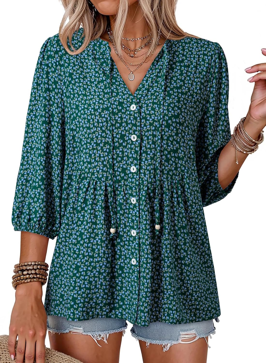 Button Down Shirts. V Neck. Tie Front. 3/4 Sleeve. Business Casual Tops. Loose Fit. Babydoll Peplum Blouses. Fashion Clothing