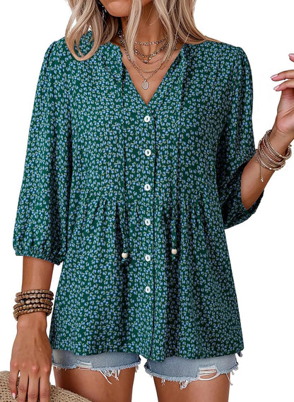 Button Down Shirts. V Neck. Tie Front. 3/4 Sleeve. Business Casual Tops. Loose Fit. Babydoll Peplum Blouses. Fashion Clothing