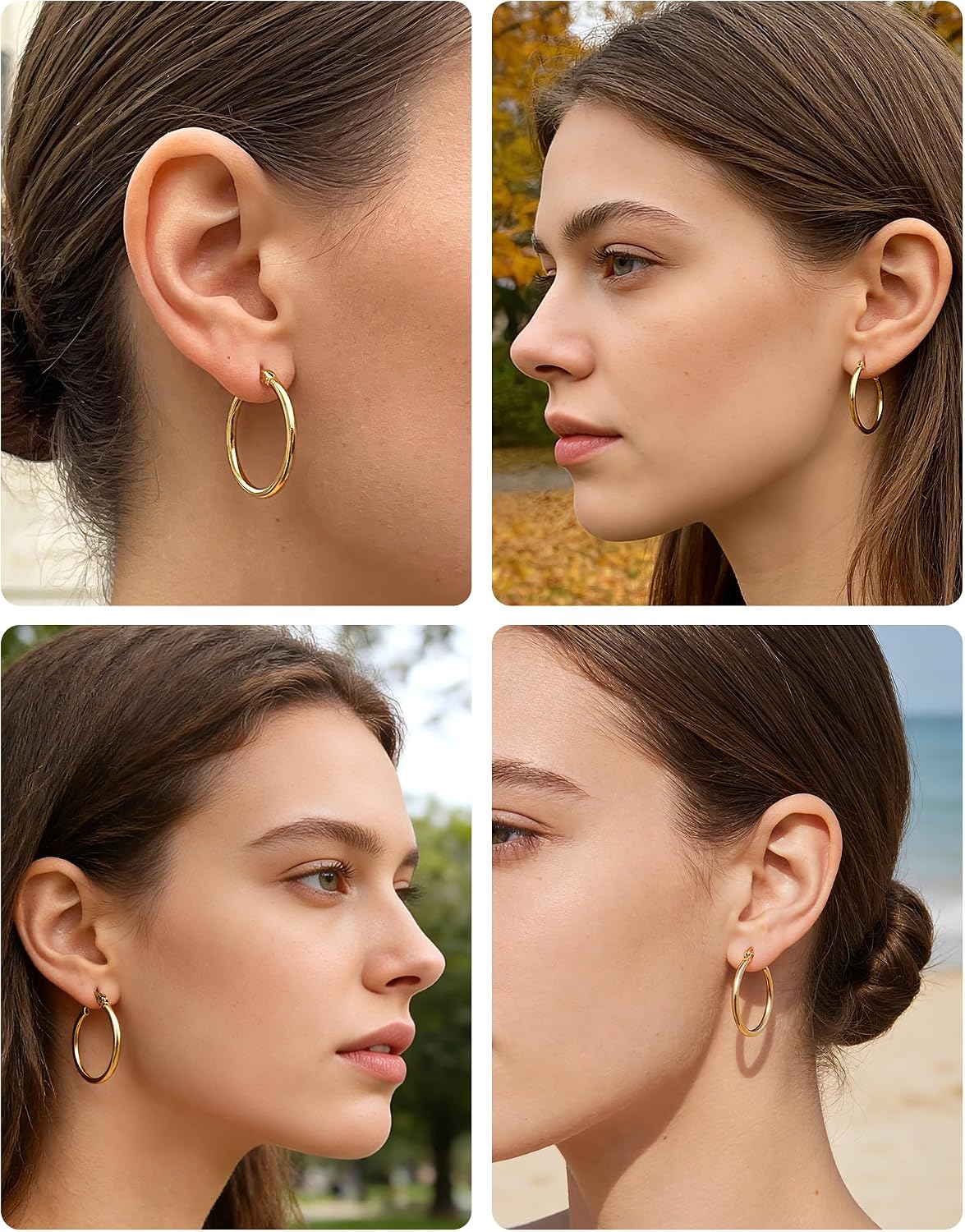 4 Pairs Gold Hoop Earrings for Women. Surgical Steel Small Huggie Set | 14K Gold Plated Stainless Steel. Hypoallergenic. 10/12/15/20mm. Snap Closure. Lightweight. Dangle.