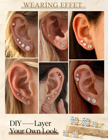 5 Pairs 14K Gold Plated Studs Earrings for Women. CZ Multiple Piercing Set | Hypoallergenic CZ Stud Earrings Set. 3-7mm Cubic Zirconia. Lightweight Comfortable Studs. Non Tarnish Jewelry.