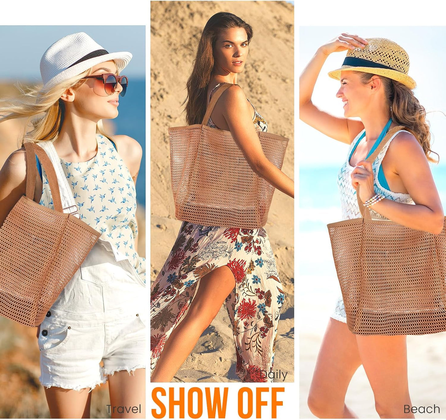 Summer Travel Mesh Tote Bag with Large Inner Pocket. Sandproof Woven Shoulder Handbag Swim Pool Bag.