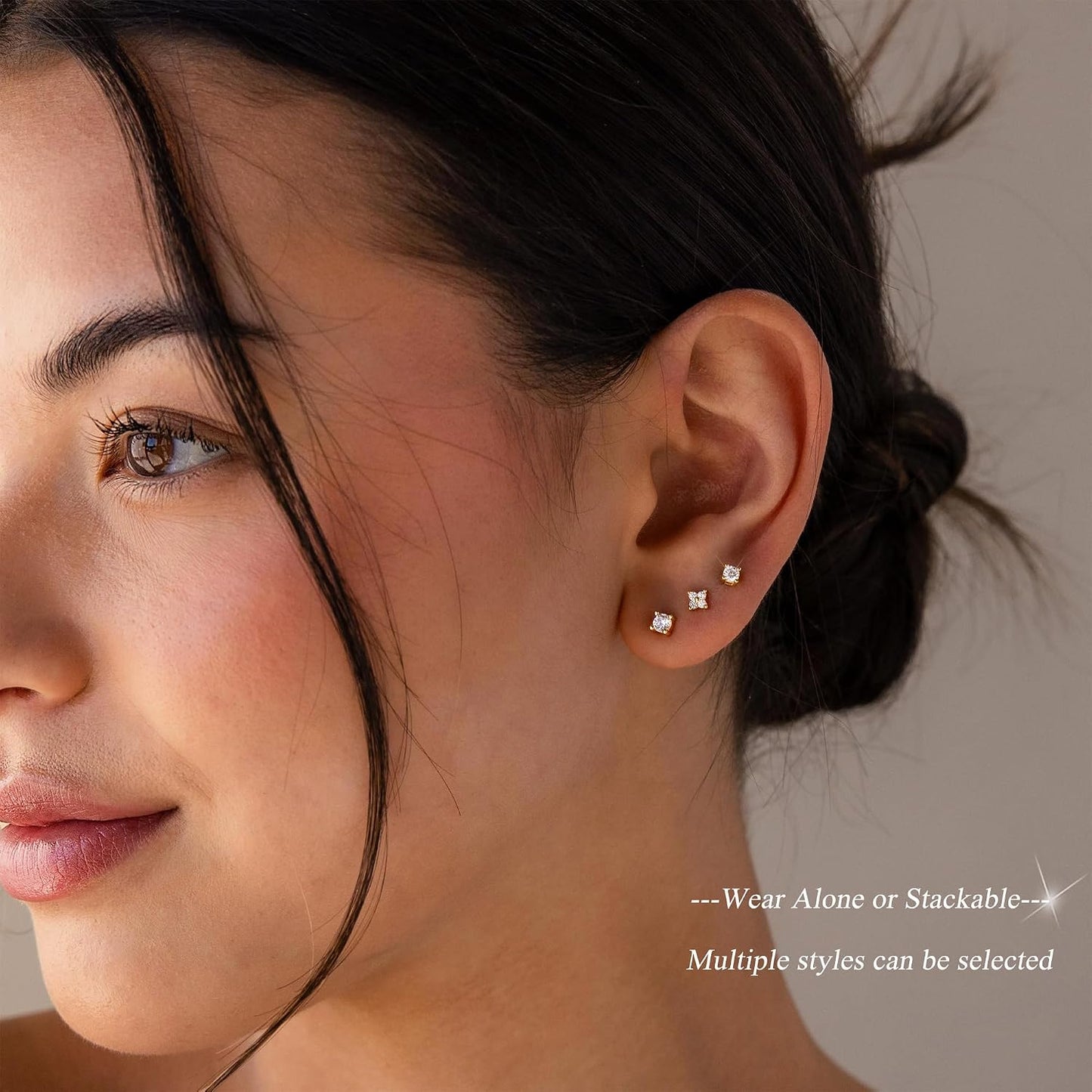 5 Pairs 14K Gold Plated Studs Earrings for Women. CZ Multiple Piercing Set | Hypoallergenic CZ Stud Earrings Set. 3-7mm Cubic Zirconia. Lightweight Comfortable Studs. Non Tarnish Jewelry.