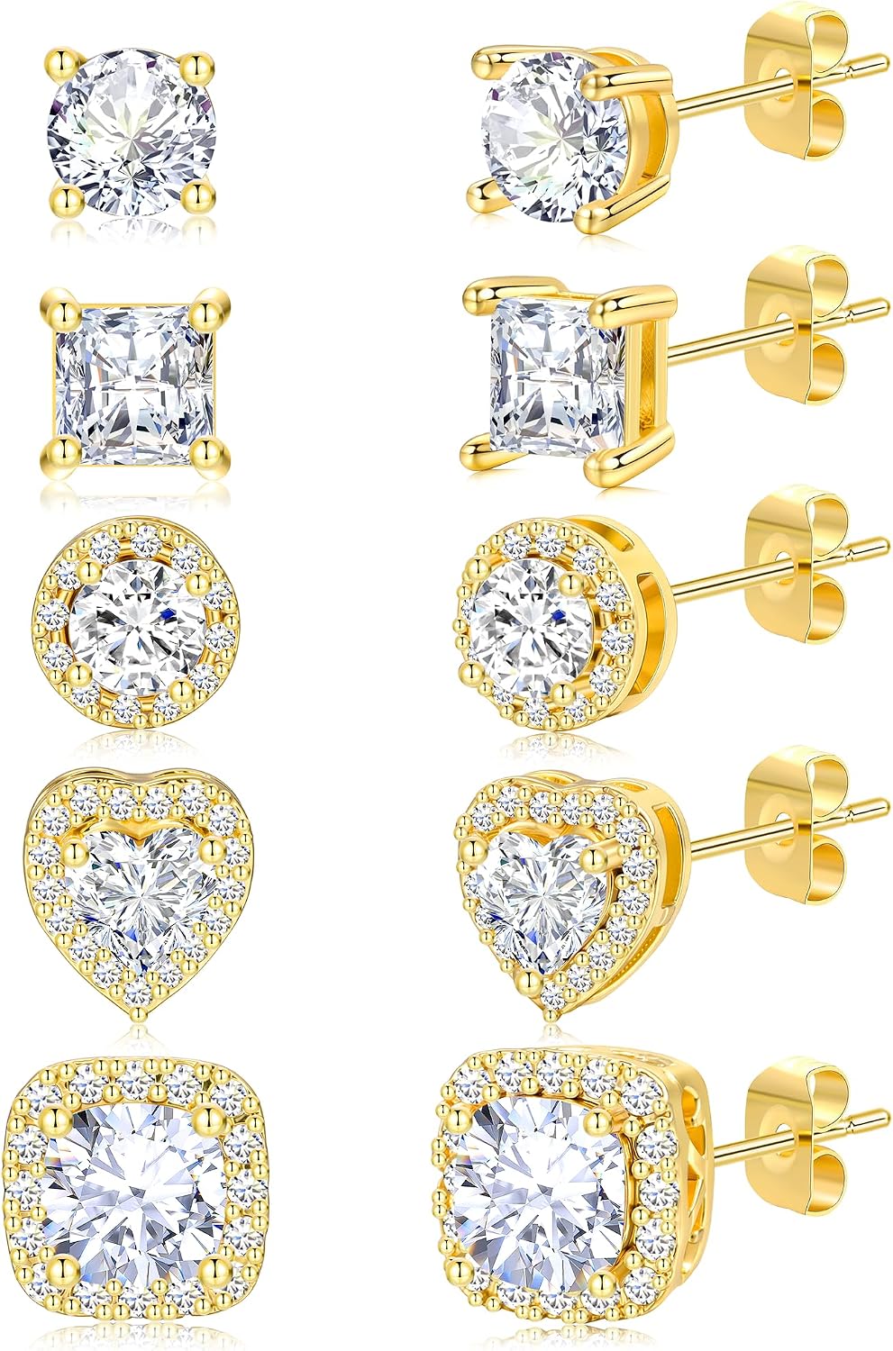 5 Pairs 14K Gold Plated Studs Earrings for Women. CZ Multiple Piercing Set | Hypoallergenic CZ Stud Earrings Set. 3-7mm Cubic Zirconia. Lightweight Comfortable Studs. Non Tarnish Jewelry.