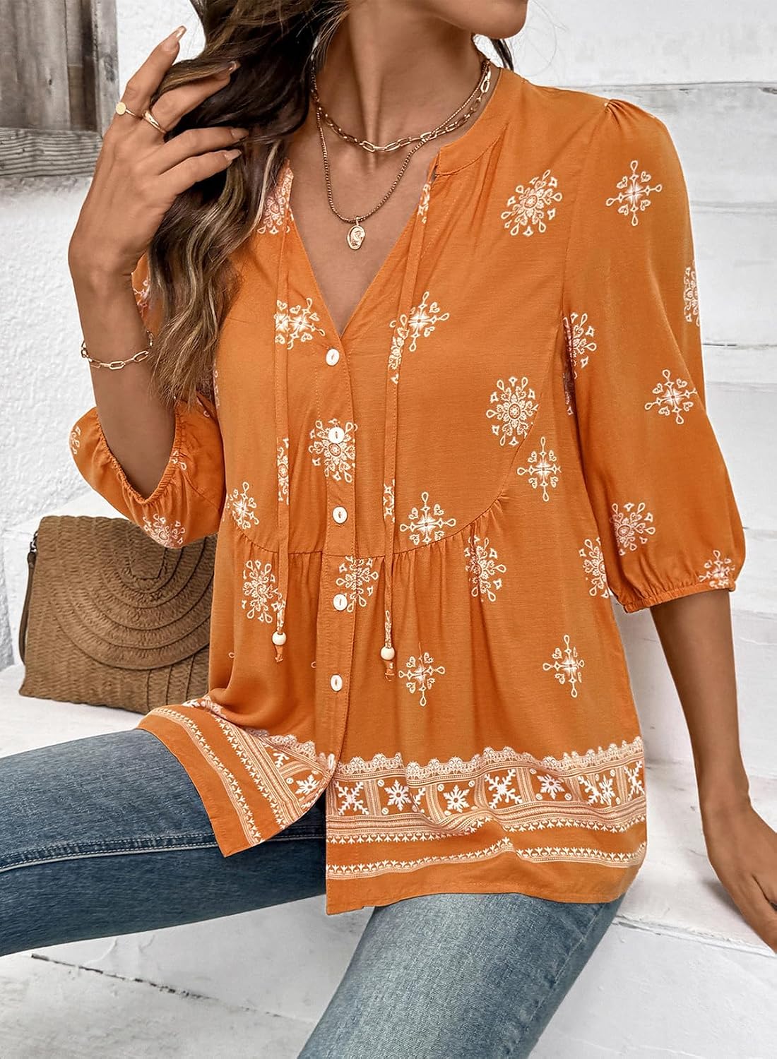 Button Down Shirts. V Neck. Tie Front. 3/4 Sleeve. Business Casual Tops. Loose Fit. Babydoll Peplum Blouses. Fashion Clothing