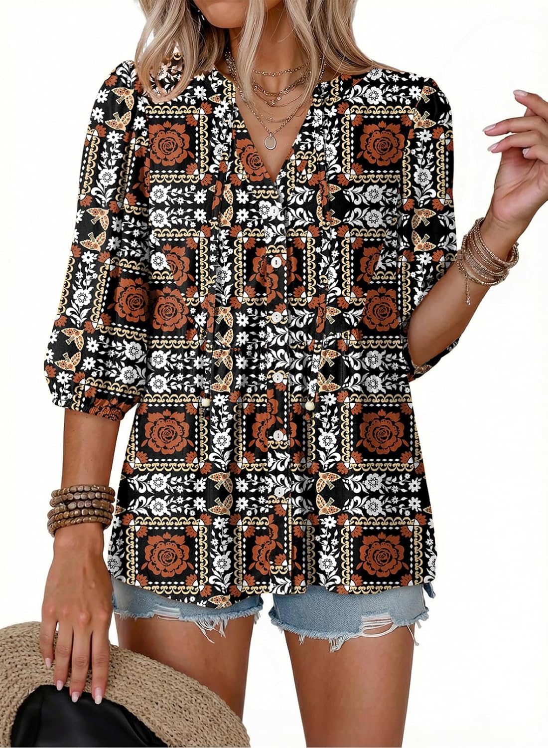 Button Down Shirts. V Neck. Tie Front. 3/4 Sleeve. Business Casual Tops. Loose Fit. Babydoll Peplum Blouses. Fashion Clothing