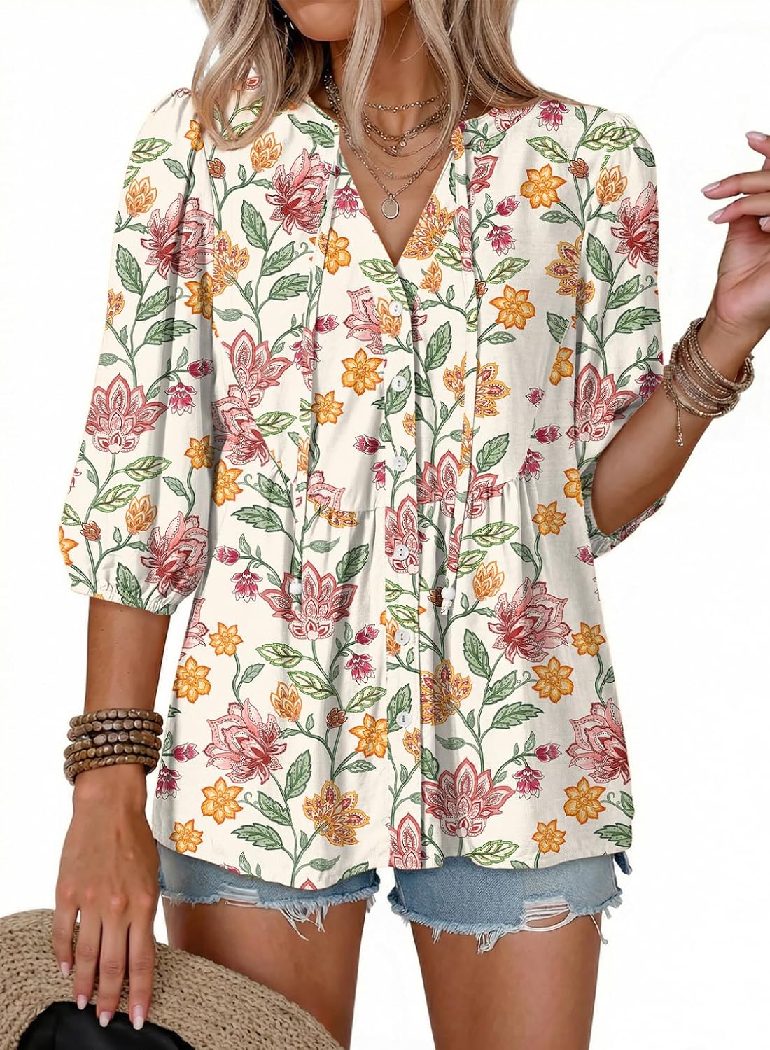 Button Down Shirts. V Neck. Tie Front. 3/4 Sleeve. Business Casual Tops. Loose Fit. Babydoll Peplum Blouses. Fashion Clothing