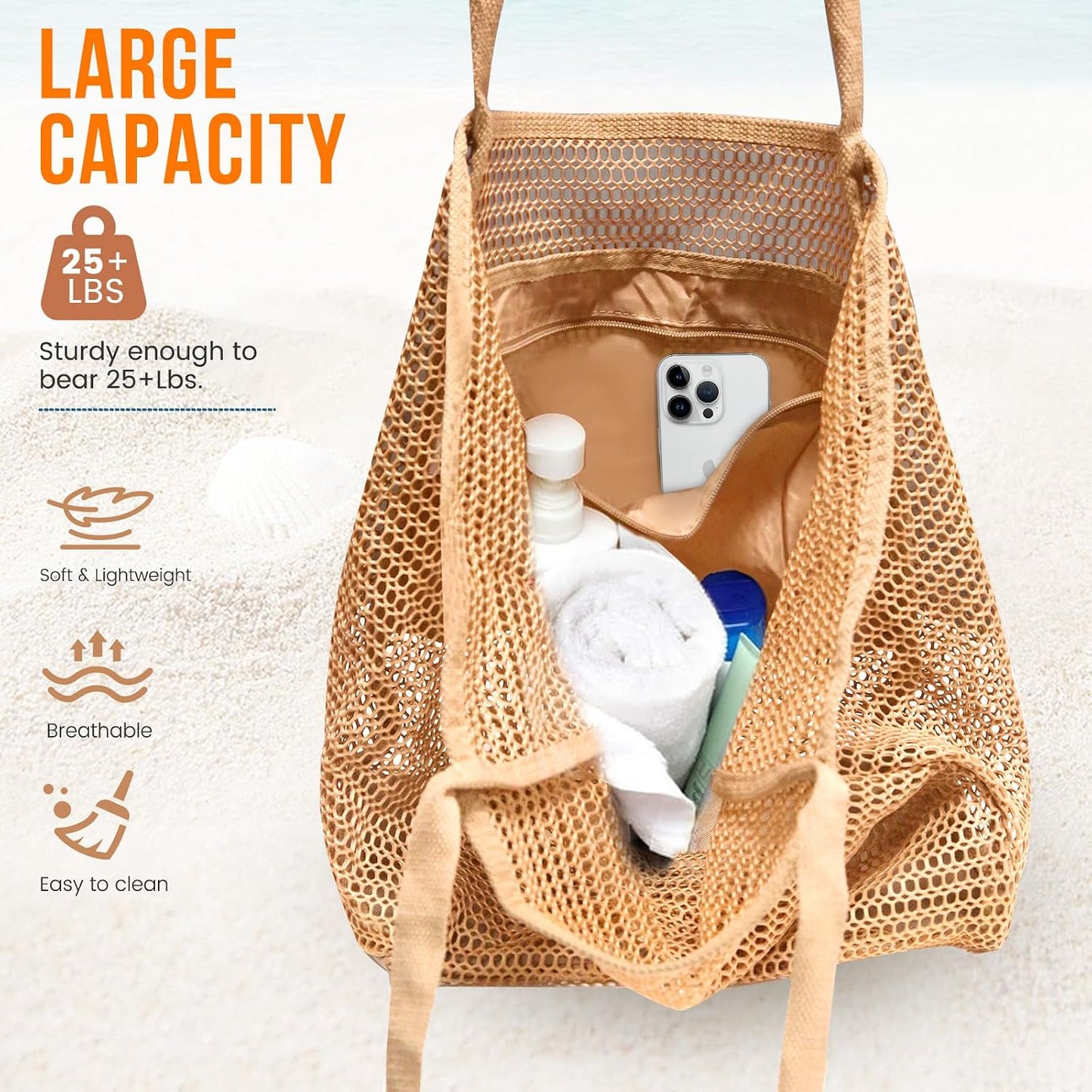 Summer Travel Mesh Tote Bag with Large Inner Pocket. Sandproof Woven Shoulder Handbag Swim Pool Bag.