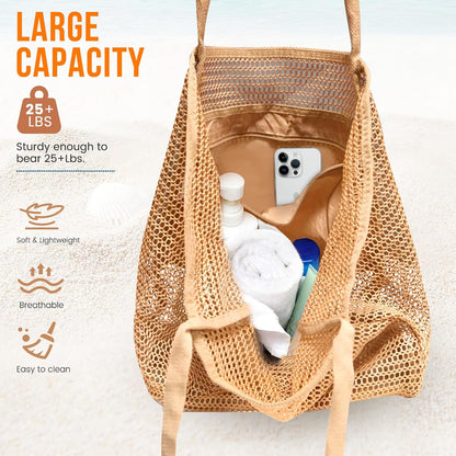 Summer Travel Mesh Tote Bag with Large Inner Pocket. Sandproof Woven Shoulder Handbag Swim Pool Bag.