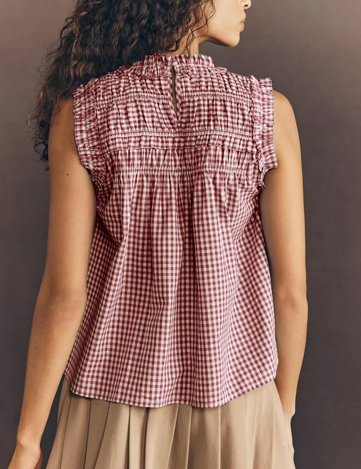 Sleeveless Flowy Tank.Gingham Cotton Blouse Trendy.