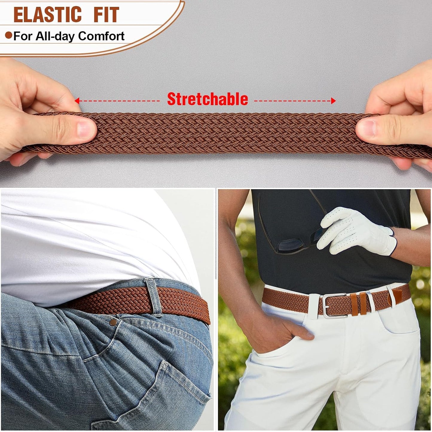 Men's Belt Braided Stretch Belt for Men Golf Pants Casual Jeans