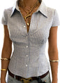 Women Y2k Gingham Button Down Shirt Cute V Neck Collared Slim Fit Short Sleeve Cinch Waist Tshirt Retro Going Out Top