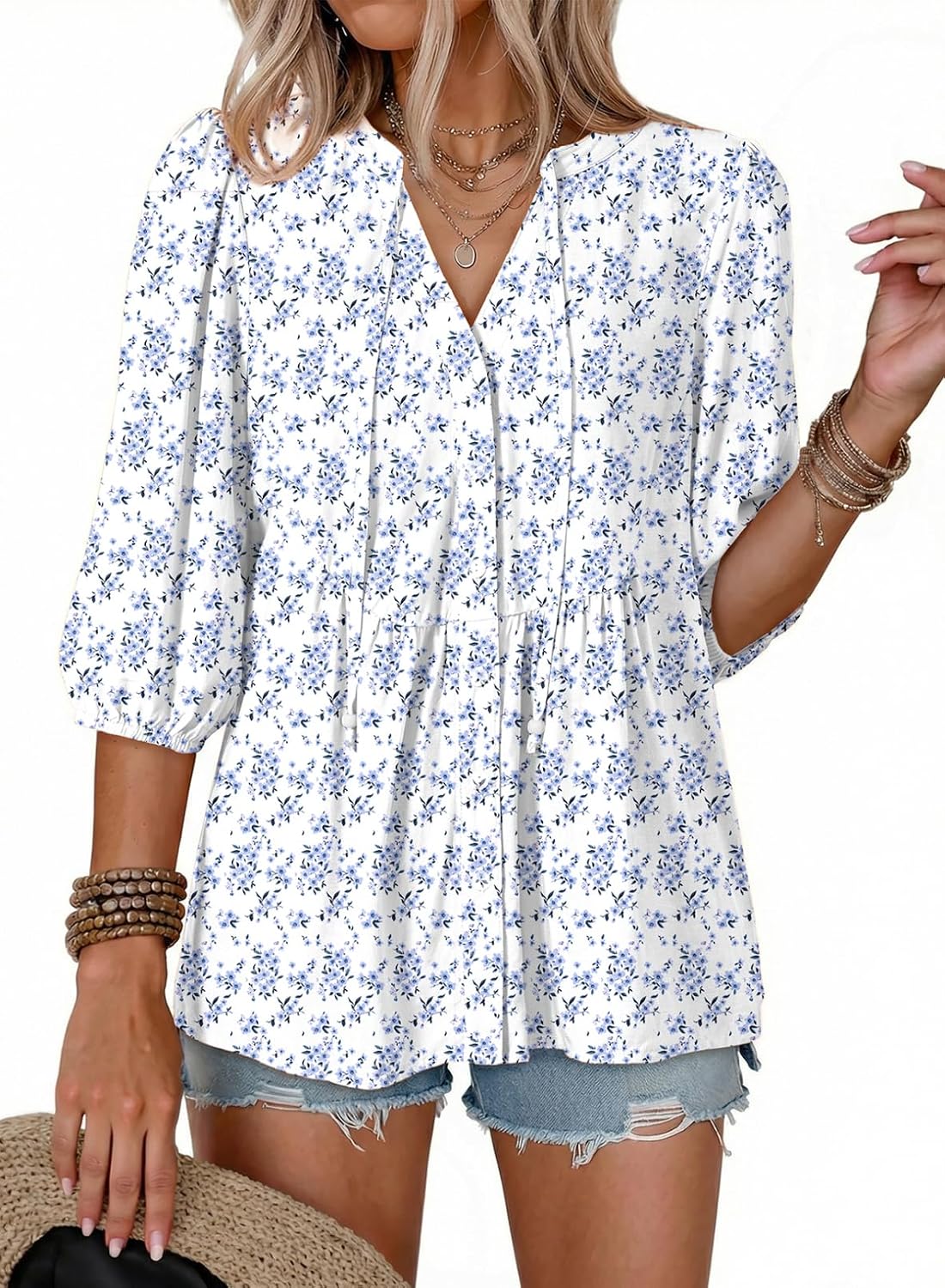 Button Down Shirts. V Neck. Tie Front. 3/4 Sleeve. Business Casual Tops. Loose Fit. Babydoll Peplum Blouses. Fashion Clothing