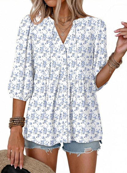 Button Down Shirts. V Neck. Tie Front. 3/4 Sleeve. Business Casual Tops. Loose Fit. Babydoll Peplum Blouses. Fashion Clothing