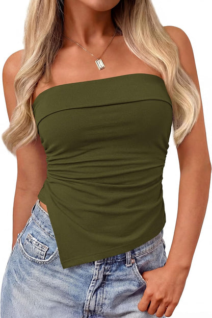 Strapless Bandeau Top. Ruched Asymmetrical. Sleeveless Fitted Shirts.