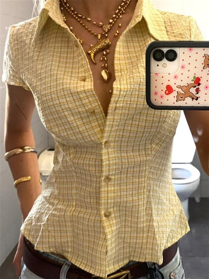 Women Y2k Gingham Button Down Shirt Cute V Neck Collared Slim Fit Short Sleeve Cinch Waist Tshirt Retro Going Out Top