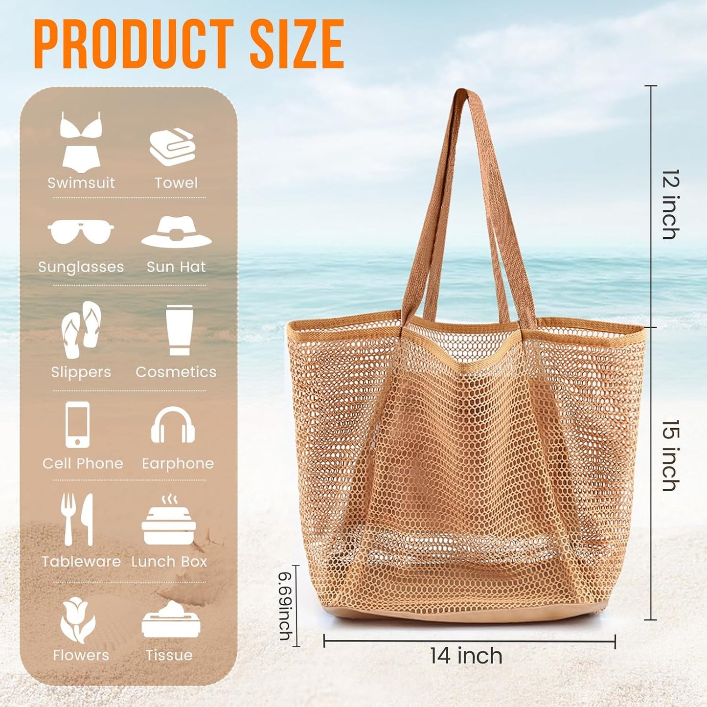 Summer Travel Mesh Tote Bag with Large Inner Pocket. Sandproof Woven Shoulder Handbag Swim Pool Bag.