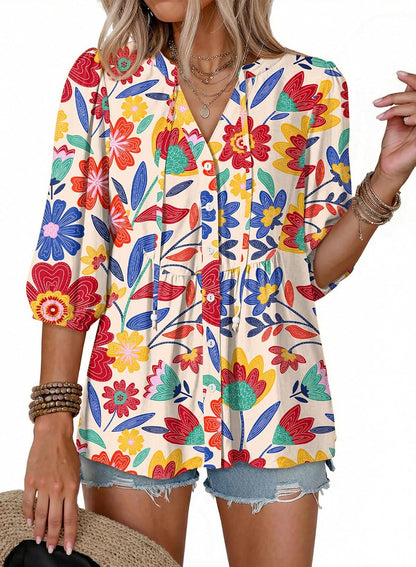 Button Down Shirts. V Neck. Tie Front. 3/4 Sleeve. Business Casual Tops. Loose Fit. Babydoll Peplum Blouses. Fashion Clothing