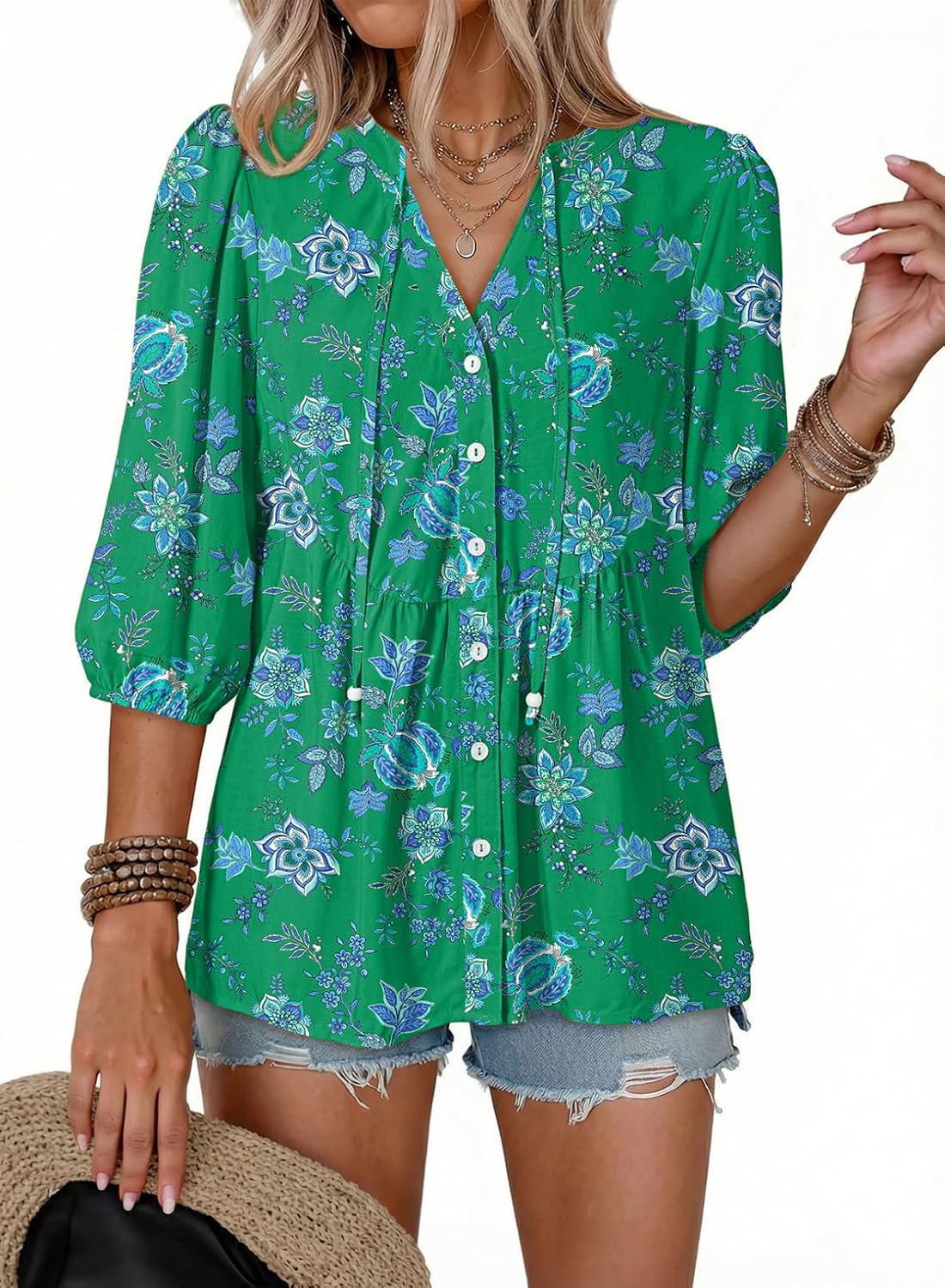 Button Down Shirts. V Neck. Tie Front. 3/4 Sleeve. Business Casual Tops. Loose Fit. Babydoll Peplum Blouses. Fashion Clothing