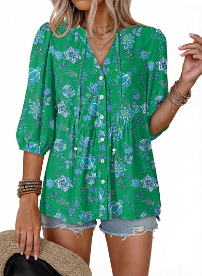Button Down Shirts. V Neck. Tie Front. 3/4 Sleeve. Business Casual Tops. Loose Fit. Babydoll Peplum Blouses. Fashion Clothing