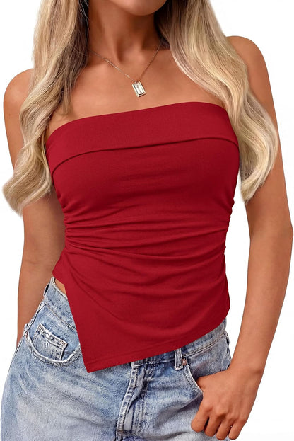 Strapless Bandeau Top. Ruched Asymmetrical. Sleeveless Fitted Shirts.