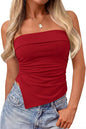 Strapless Bandeau Top. Ruched Asymmetrical. Sleeveless Fitted Shirts.