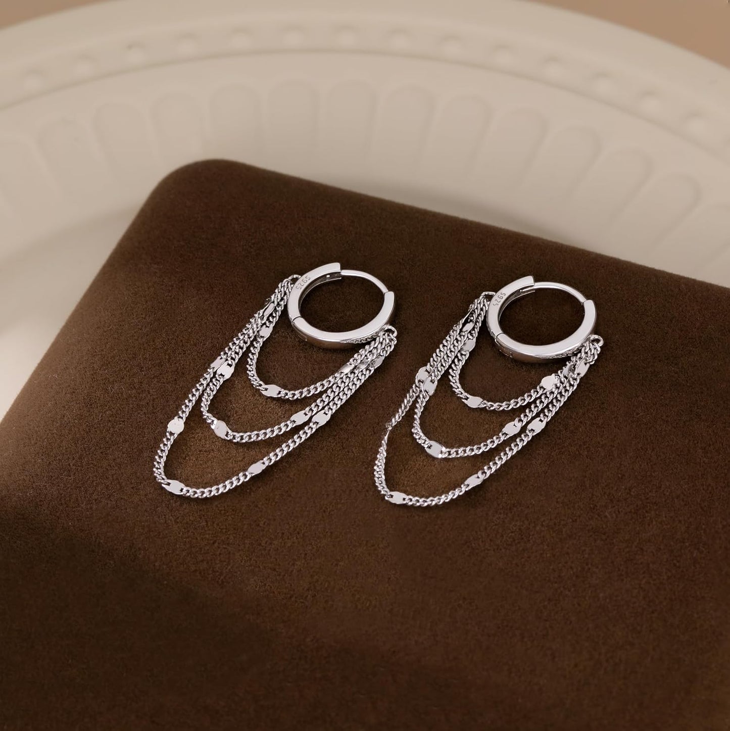Solid 925 Sterling Silver Chain Hoop Earrings Dangle for Women Teen Girls Tassel Chain Drop Earrings Huggie Dangle Earrings