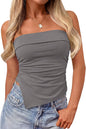 Strapless Bandeau Top. Ruched Asymmetrical. Sleeveless Fitted Shirts.