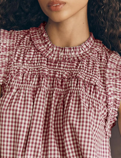Sleeveless Flowy Tank.Gingham Cotton Blouse Trendy.