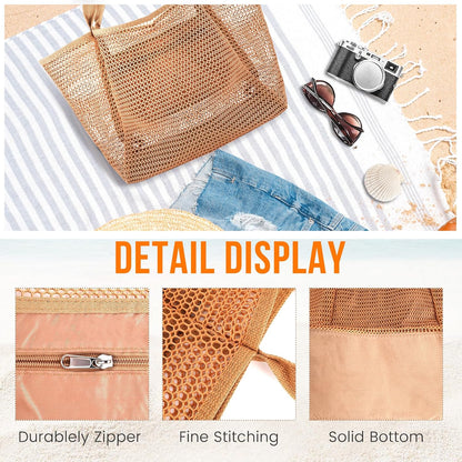 Summer Travel Mesh Tote Bag with Large Inner Pocket. Sandproof Woven Shoulder Handbag Swim Pool Bag.